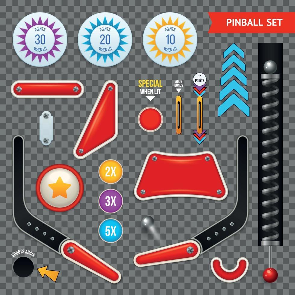 Conjunto de iconos transparentes de elementos de pinball ilustración vectorial vector