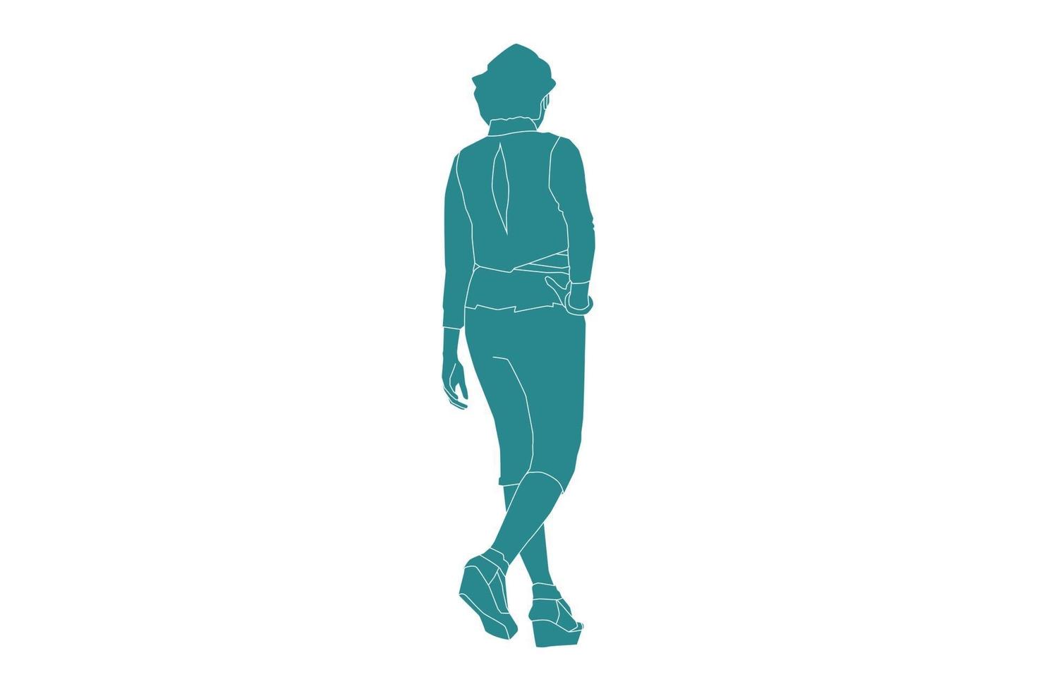 Vector illustration of casual woman posing looks from behind, Flat style with outline