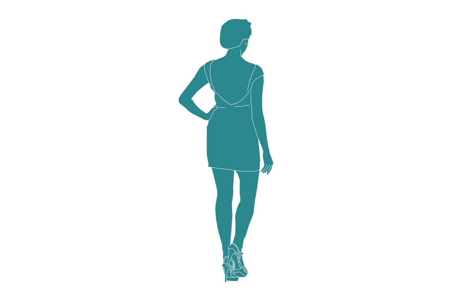 Ilustración vectorial de mujer elegante posando mira desde atrás, estilo plano con contorno vector