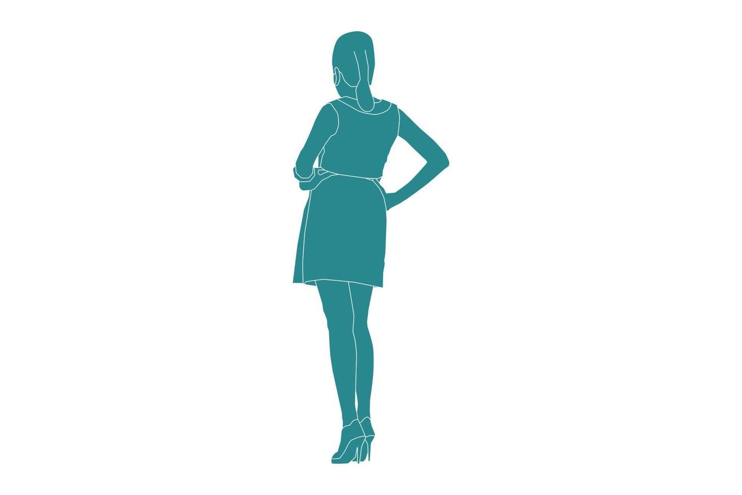 Vector illustration of elegant woman posing looks from behind, Flat style with outline