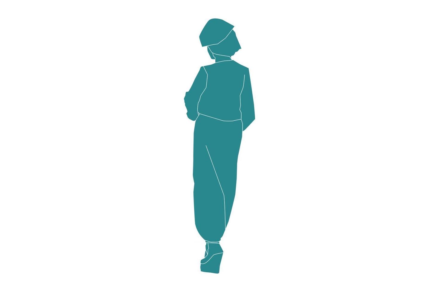 Vector illustration of muslim woman posing looks from behind, Flat style with outline