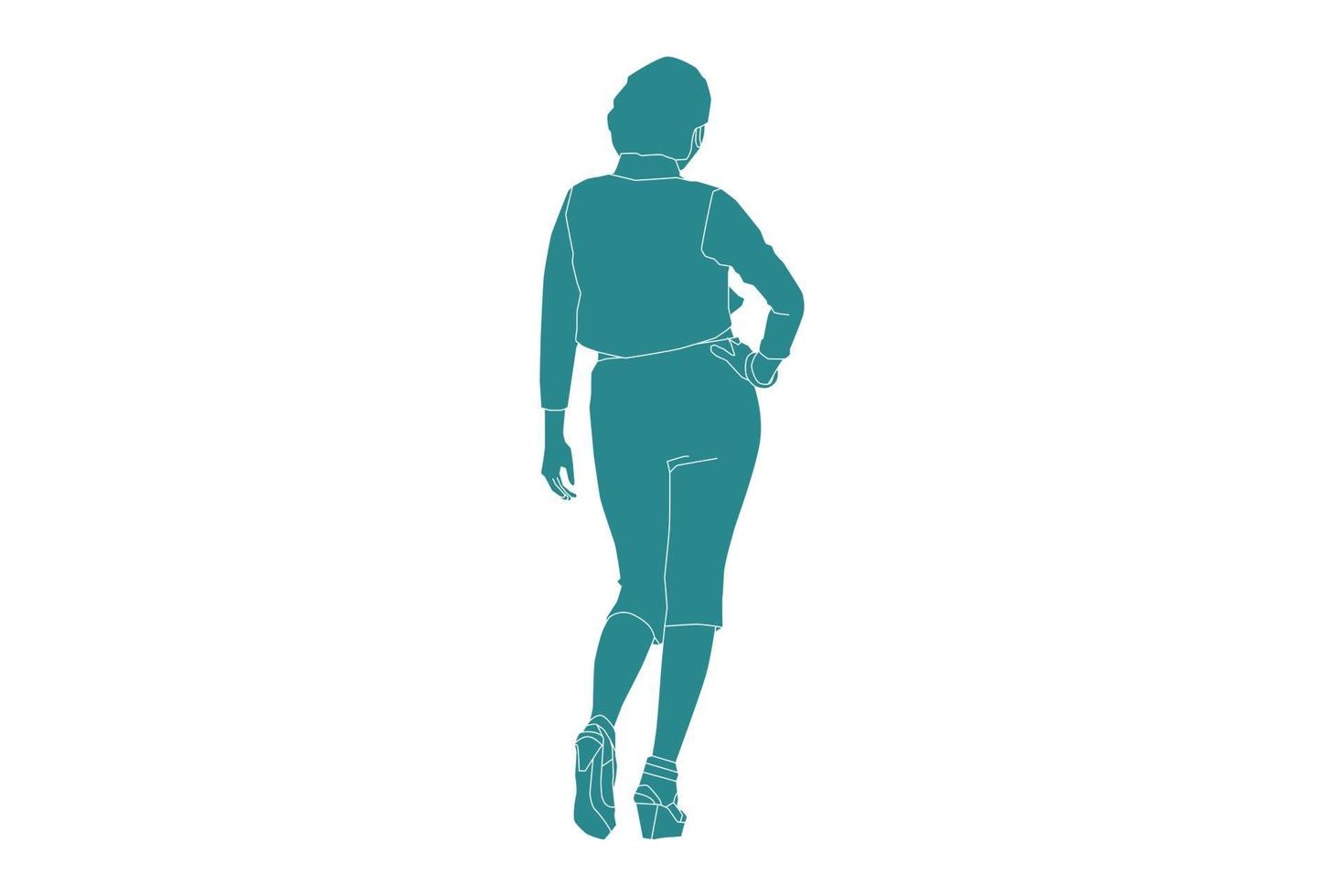 Vector illustration of casual woman posing looks from behind, Flat style with outline