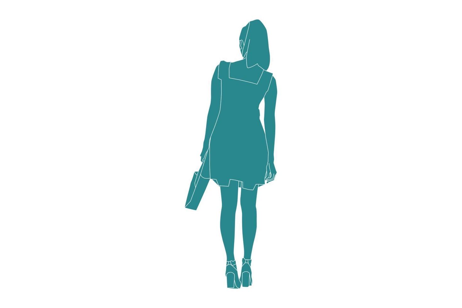 Vector illustration of elegant woman posing looks from behind, Flat style with outline