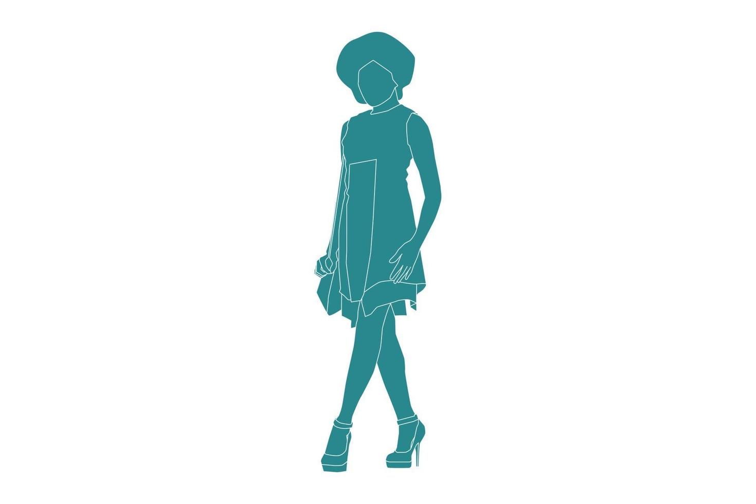 Vector illustration of elegant woman posing, Flat style with outline