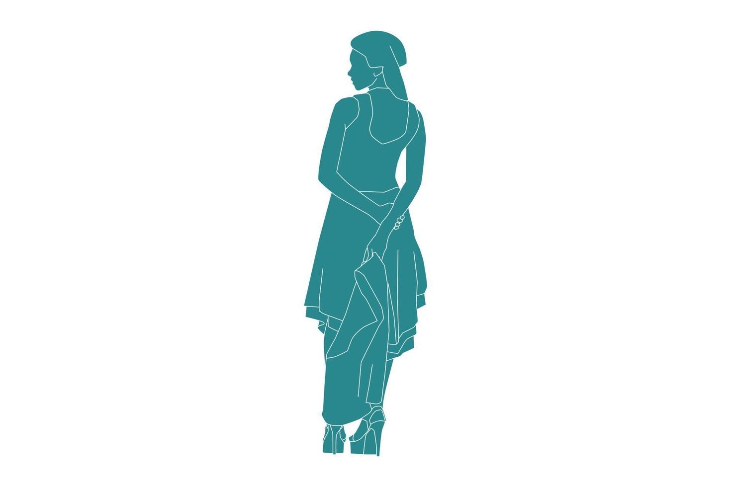 Vector illustration of fashionable woman posing looks from behind, Flat style with outline