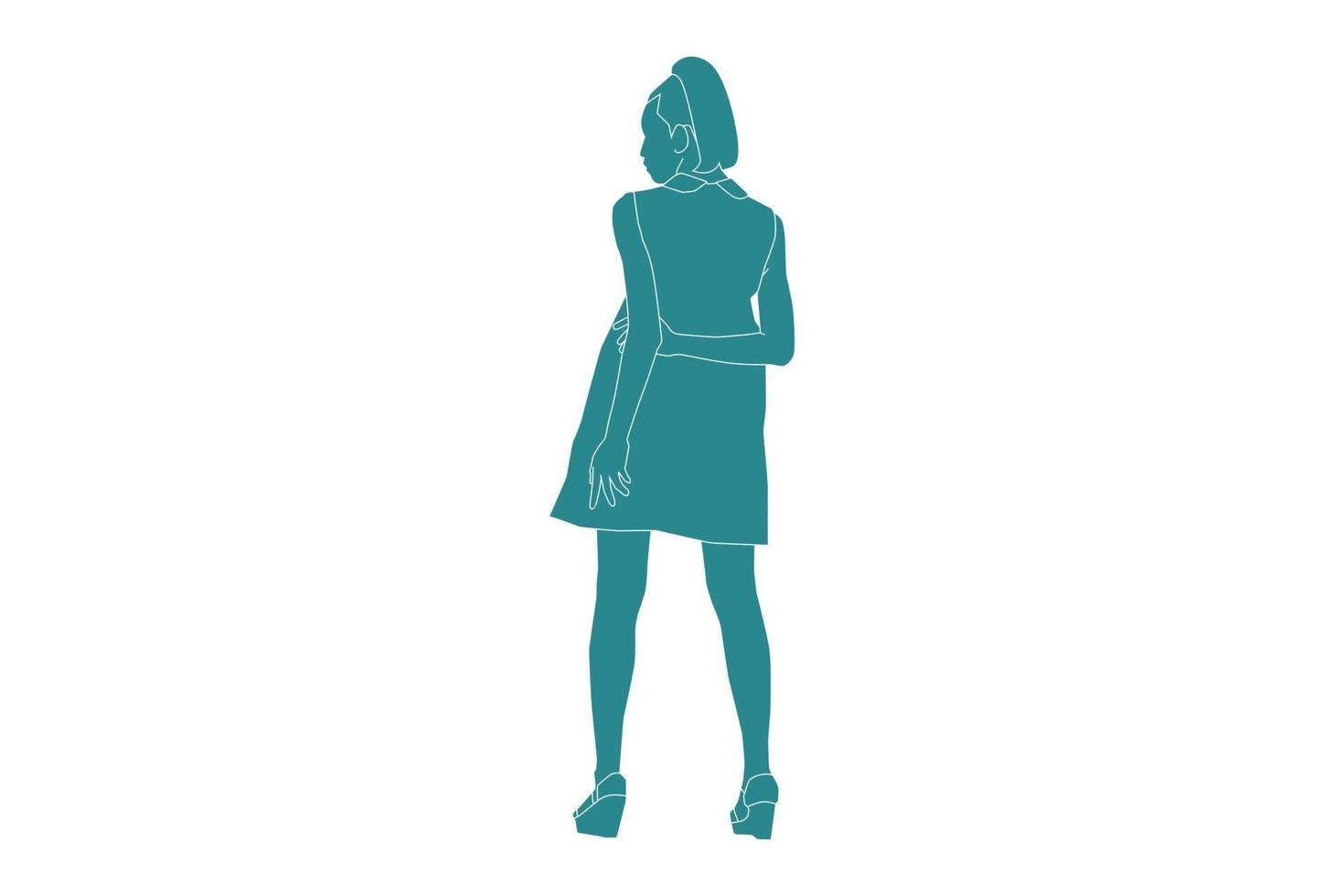 Vector illustration of elegant woman posing looks from behind, Flat style with outline