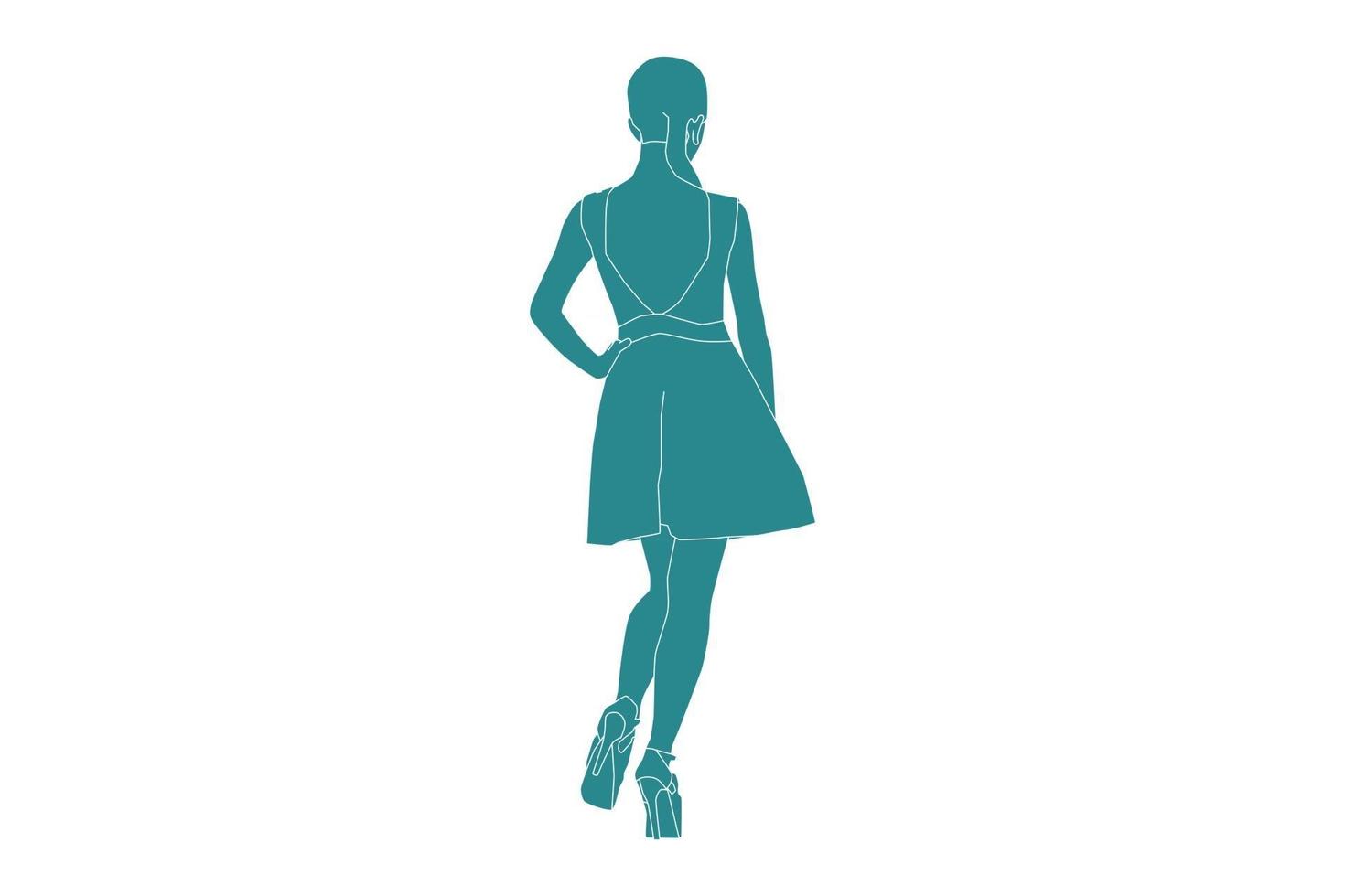 Vector illustration of elegant woman posing looks from behind, Flat style with outline