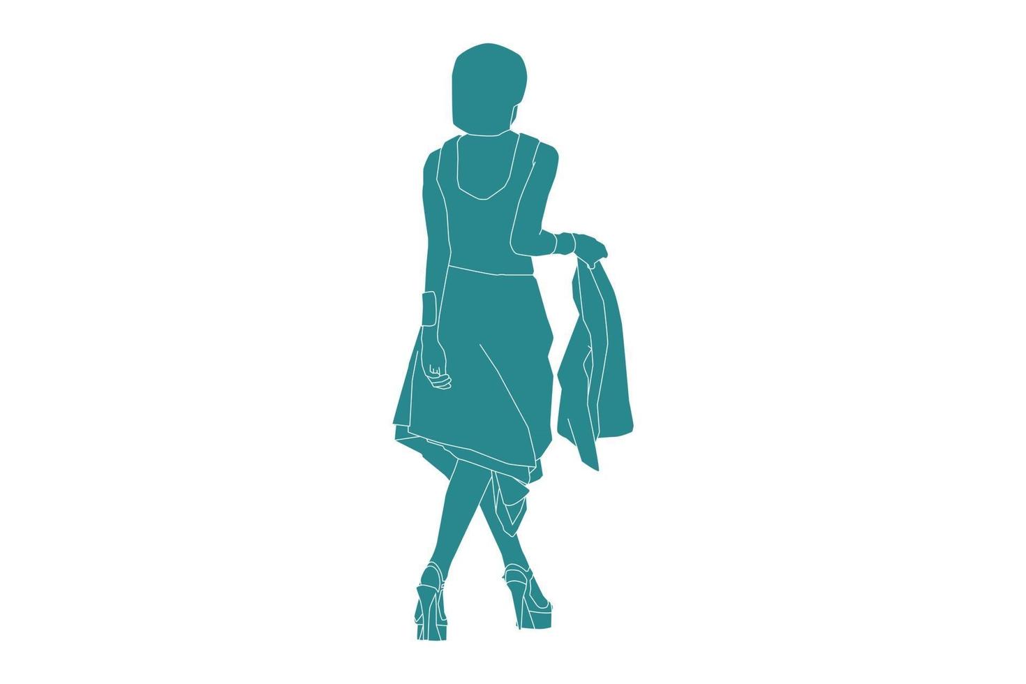 Vector illustration of fashionable woman posing on the catwalk, Flat style with outline
