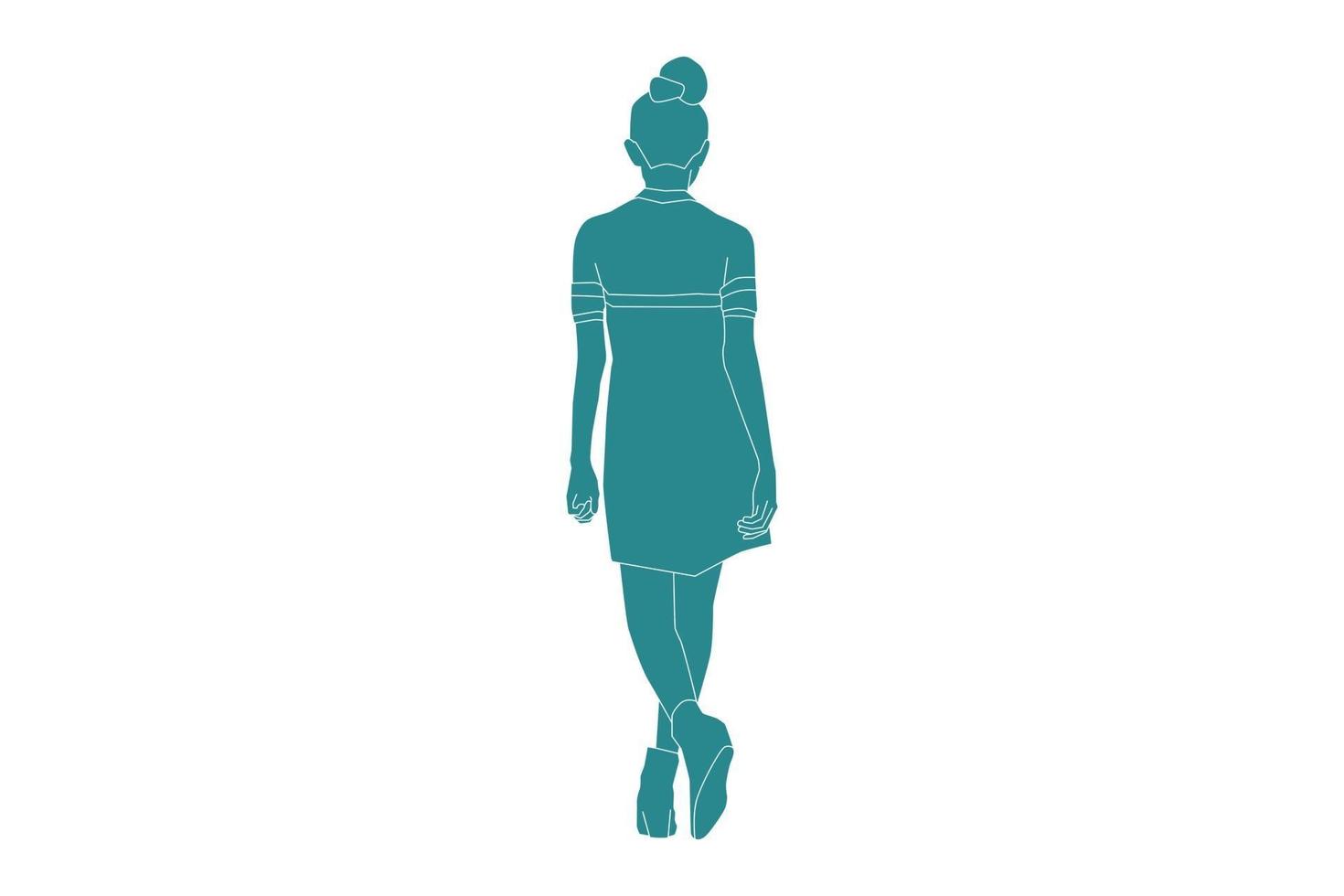 Vector illustration of elegant woman walking looks from behind, Flat style with outline