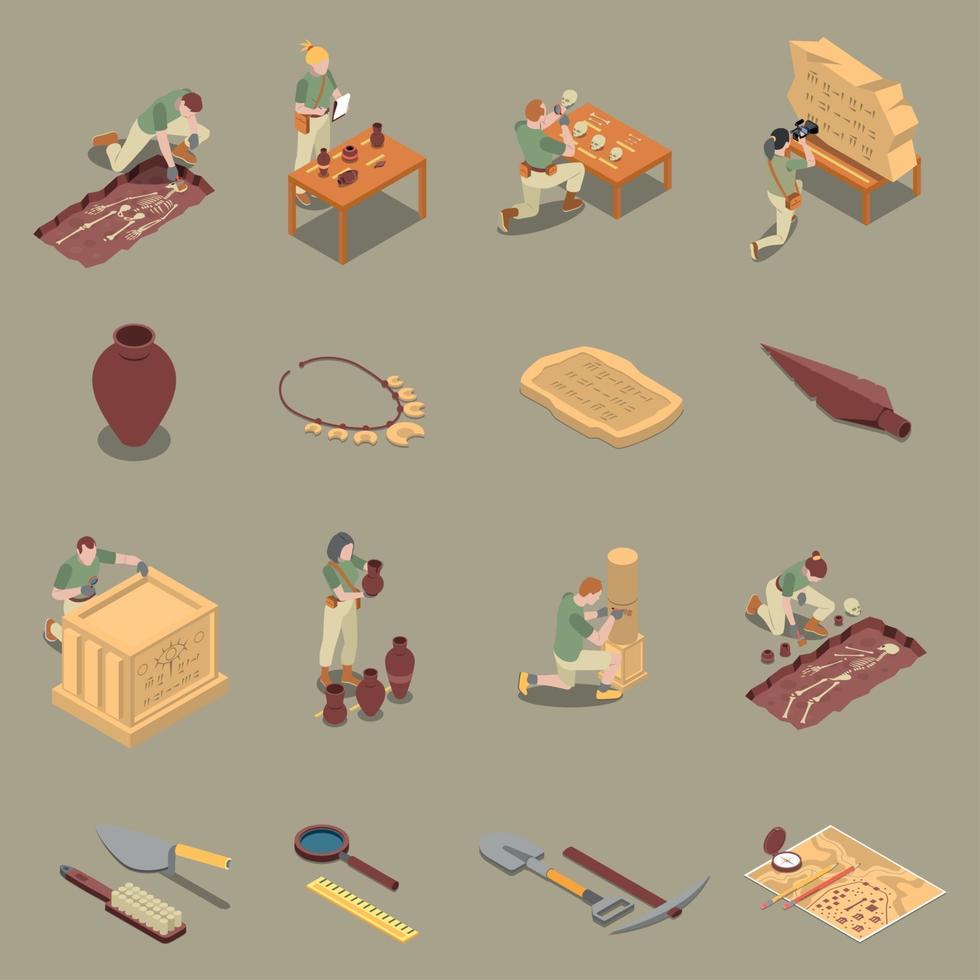 Archeology Isometric Icons Set Vector Illustration