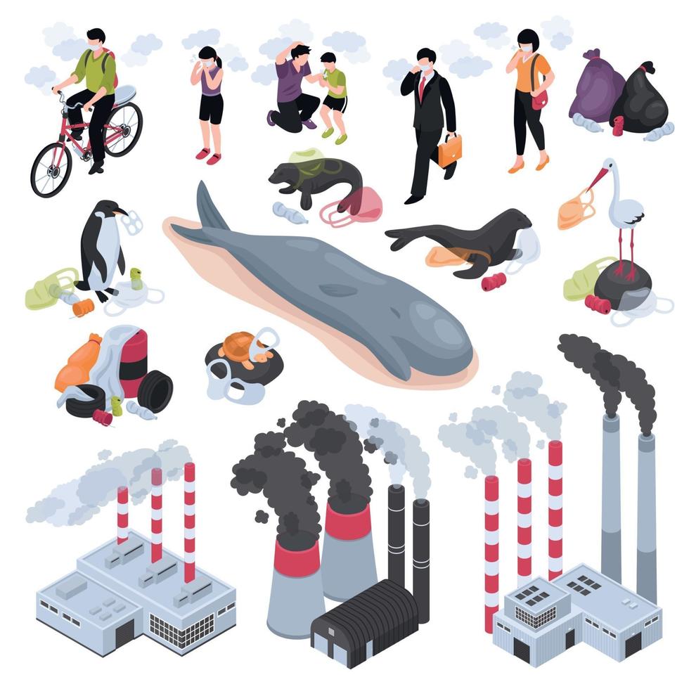 Pollution Isometric Set Vector Illustration