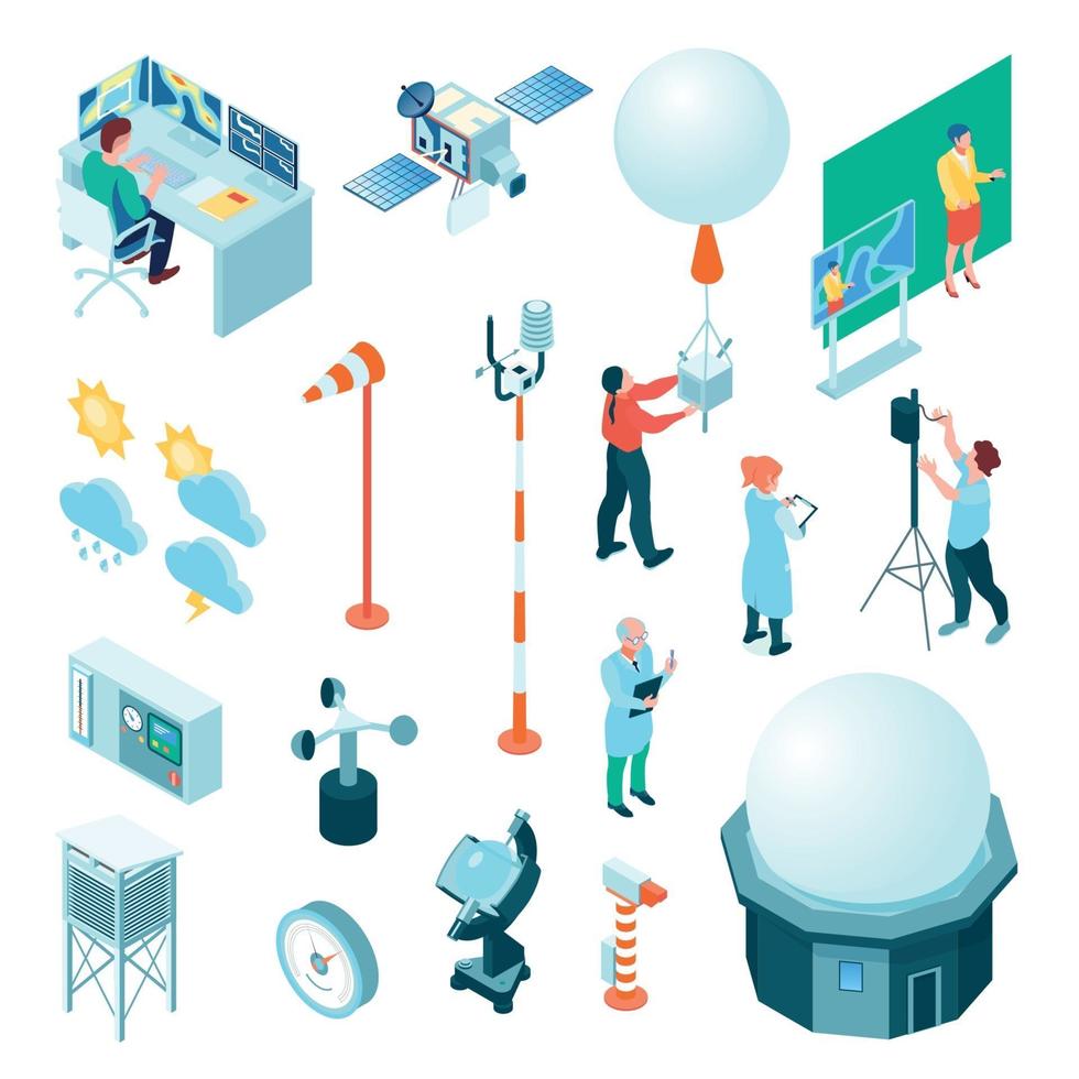 Meteorological Weather Center Isometric Set Vector Illustration