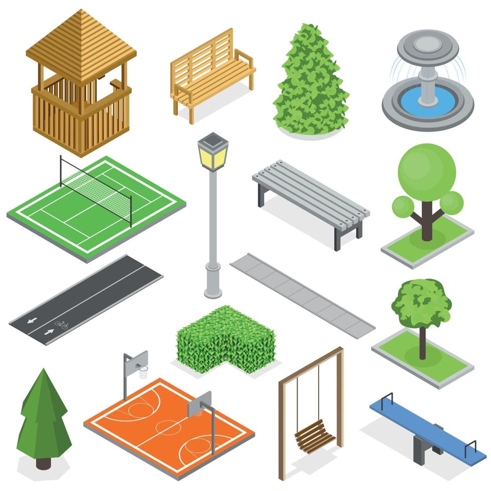 City Park Infrastructure Isometric Set Vector Illustration