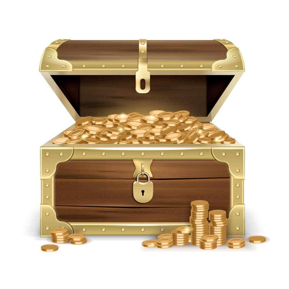 Realistic Wooden Chest With Coins Vector Illustration 2908812 Vector