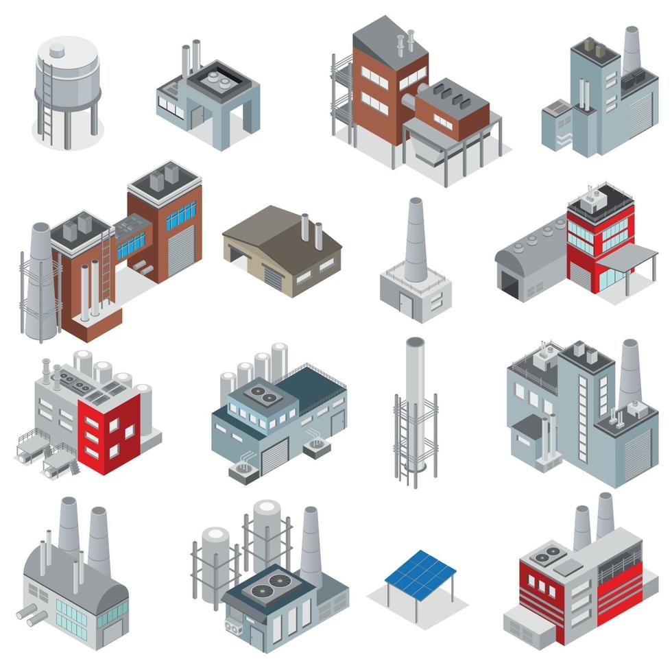 Ilustración de vector de conjunto isométrico de edificios industriales