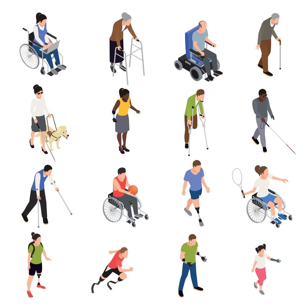 Disabled People Isometric Set Vector Illustration