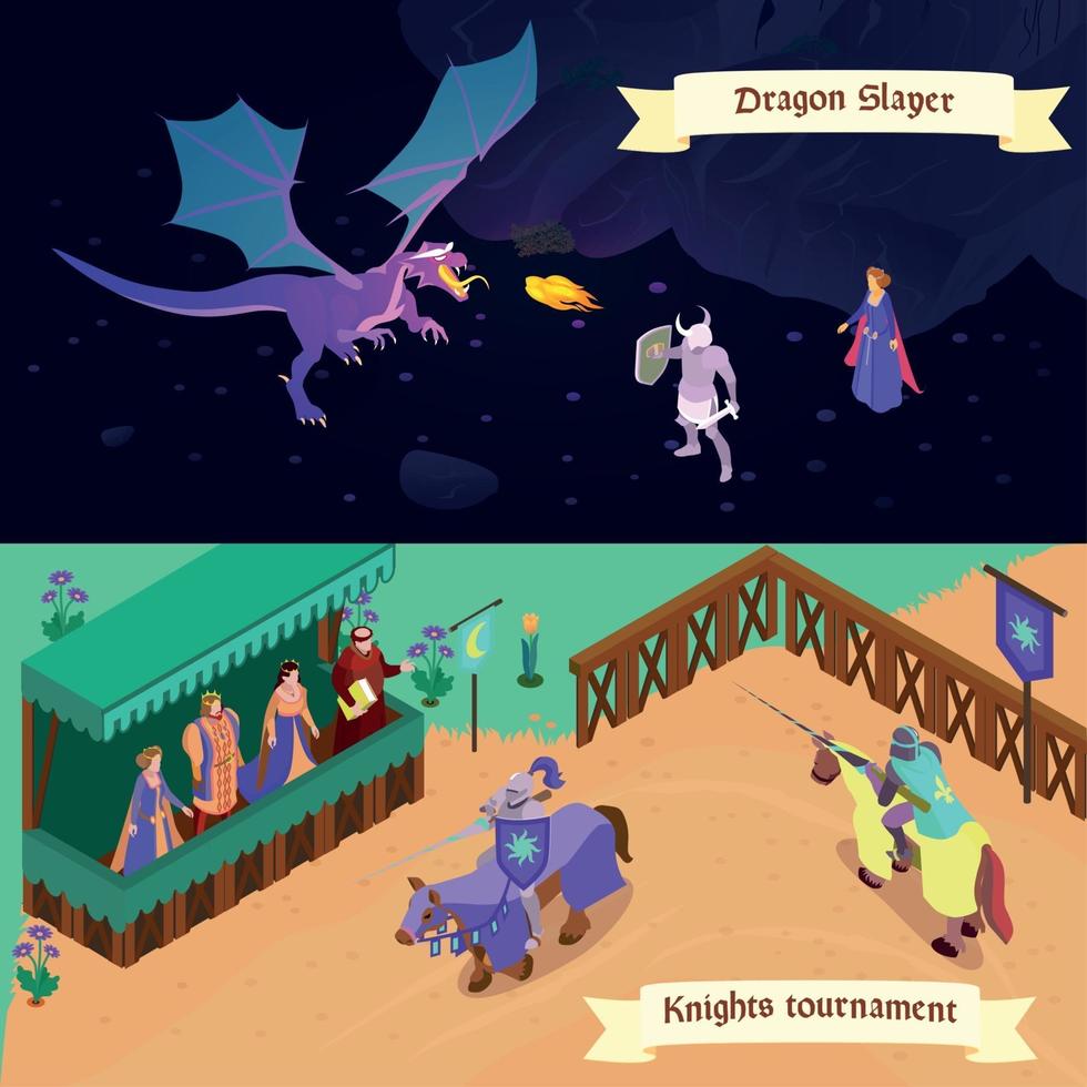 Medieval Isometric Banners Vector Illustration