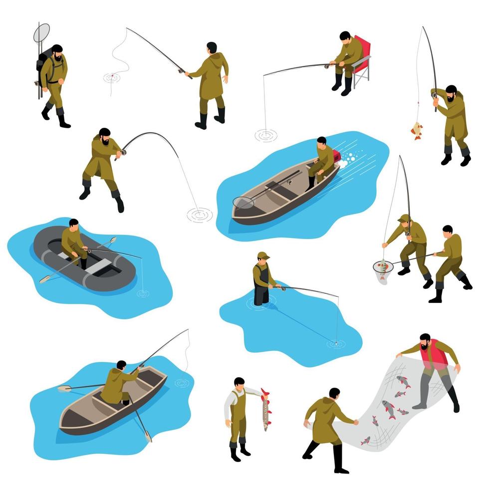 Fishing Situations Isometric Set Vector Illustration