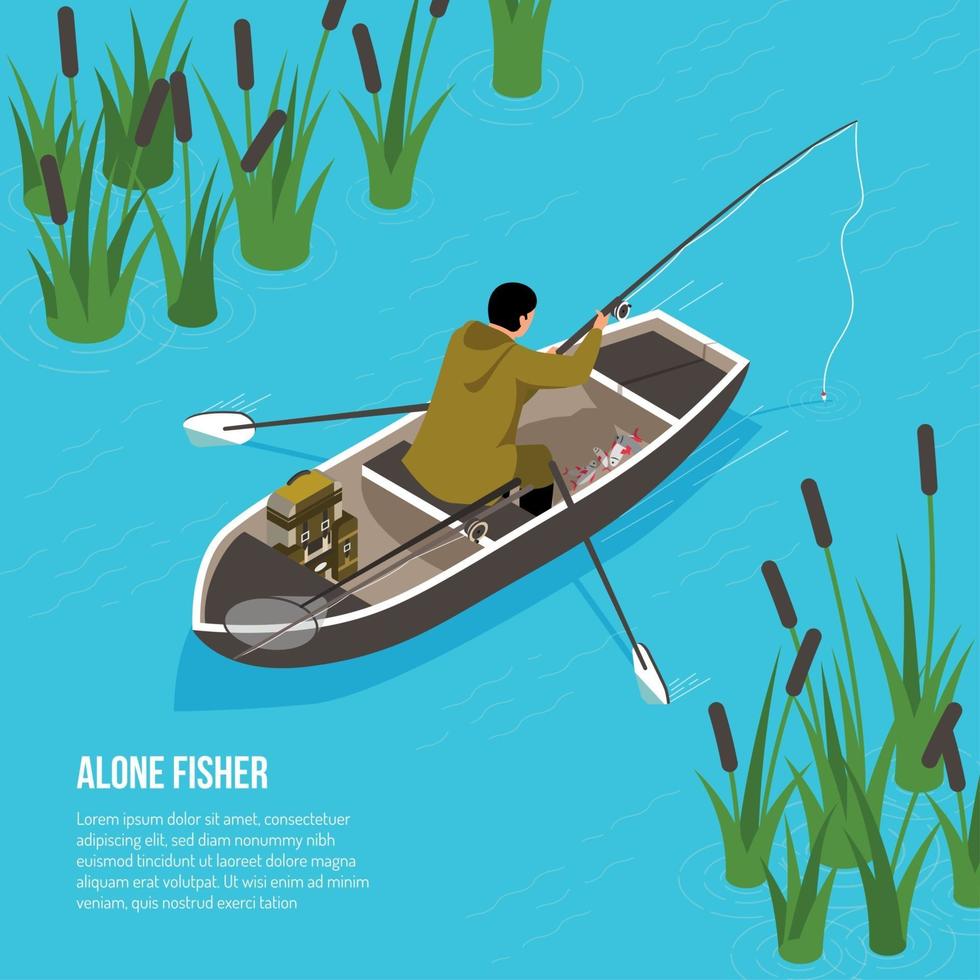 Alone Fisher Isometric Illustration Vector Illustration