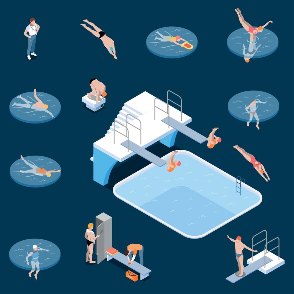 Public Swimming Pool Isometric Set Vector Illustration