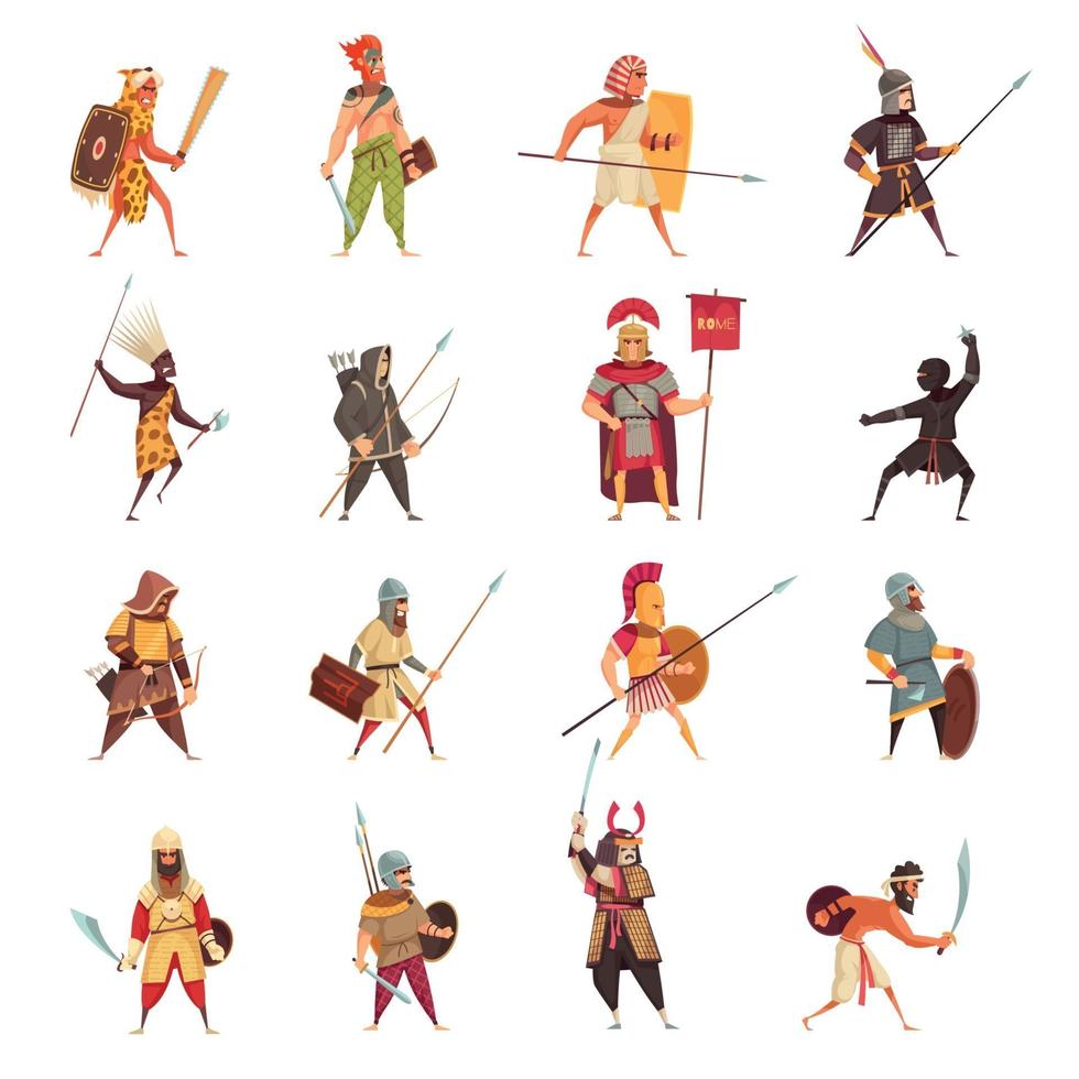 antiguos guerreros iconos conjunto ilustración vectorial vector