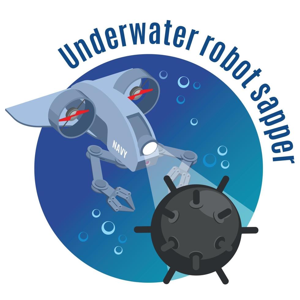 Underwater Robot Sapper Round Background Vector Illustration