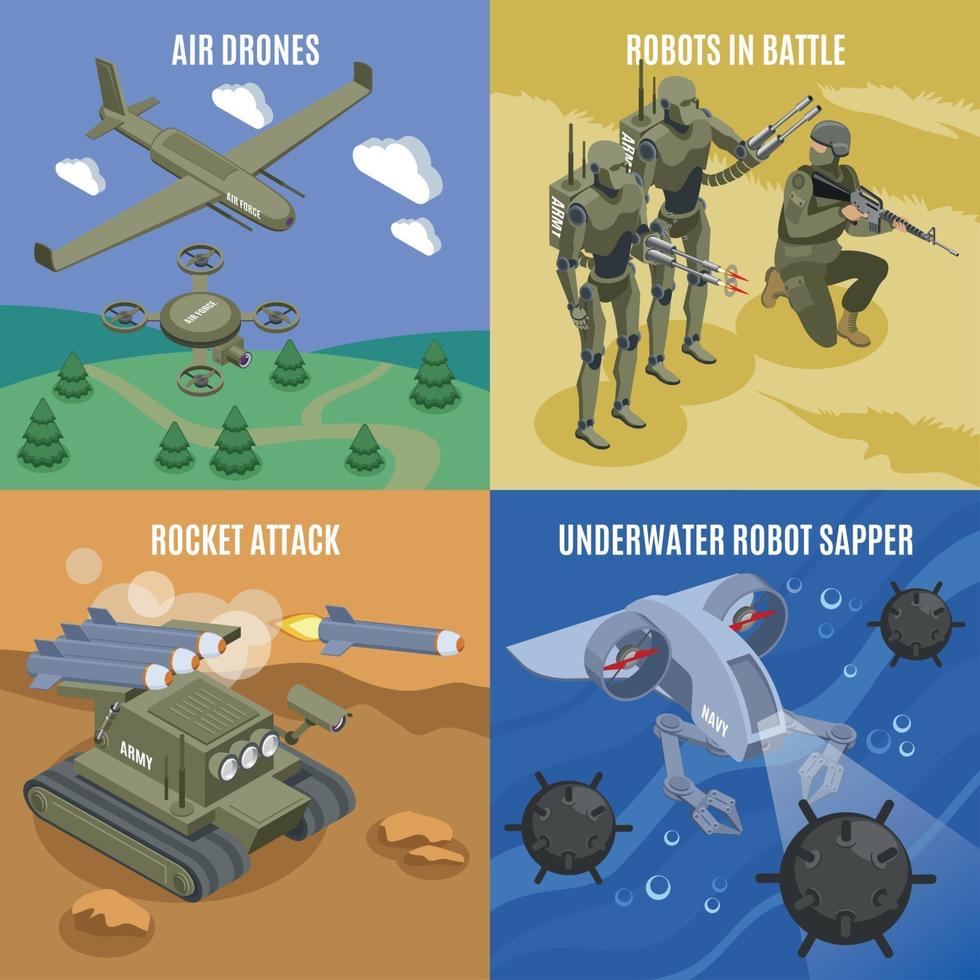 Military Robots 2x2 Design Concept Vector Illustration