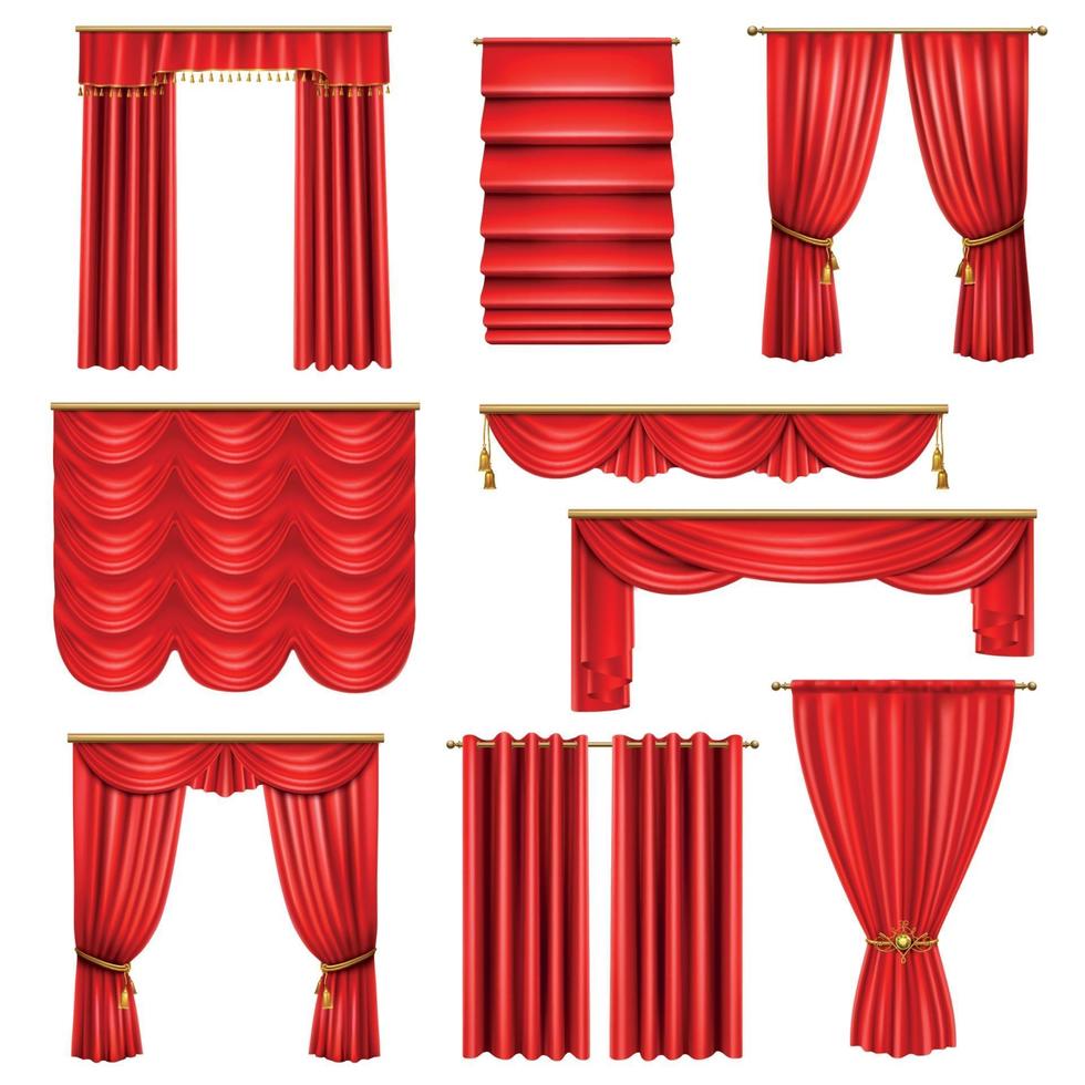 Realistic Luxury Red Curtains Set Vector Illustration