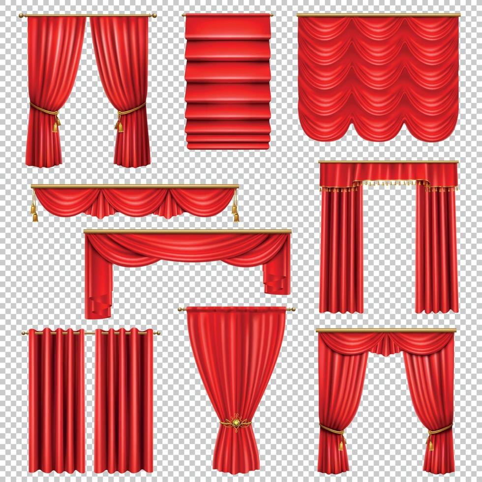 Luxury Red Curtains Transparent Set Vector Illustration