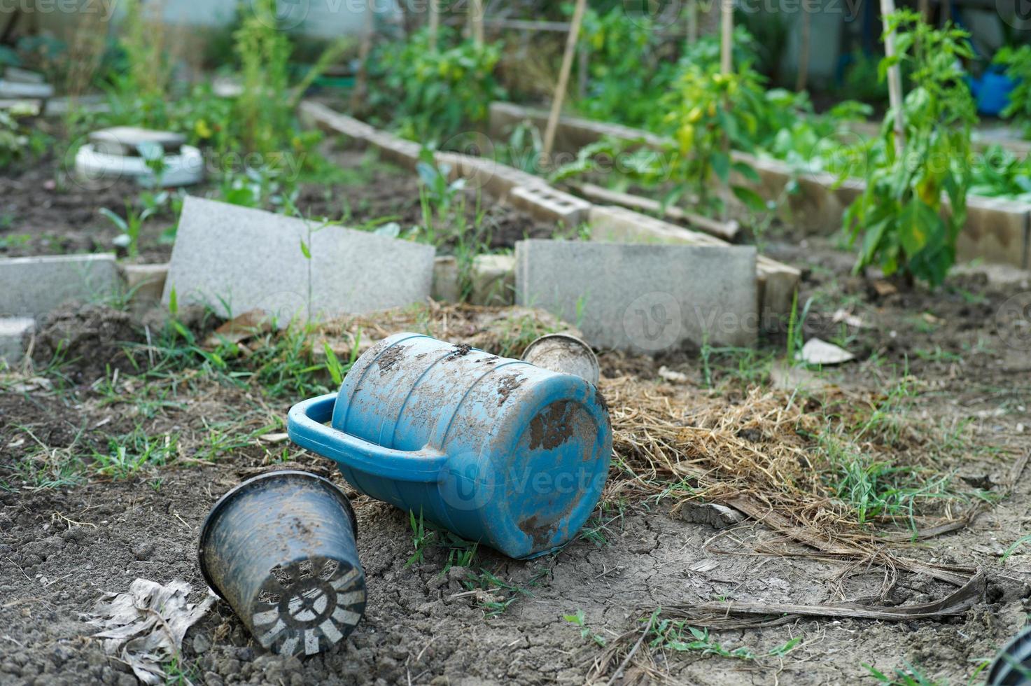 Regadera sucia en el suelo en el patio trasero de la casa con granja de hortalizas borrosa en segundo plano. foto