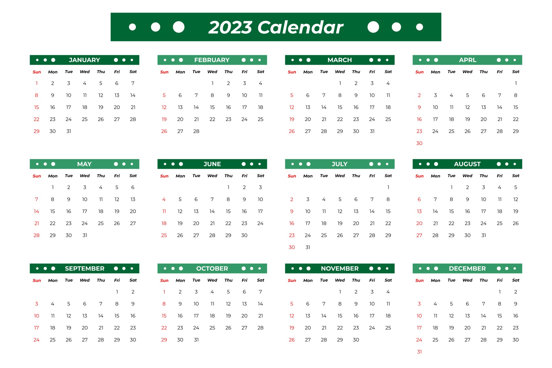 2023 Calendar With Green Details 2909093 Vector Art At Vecteezy