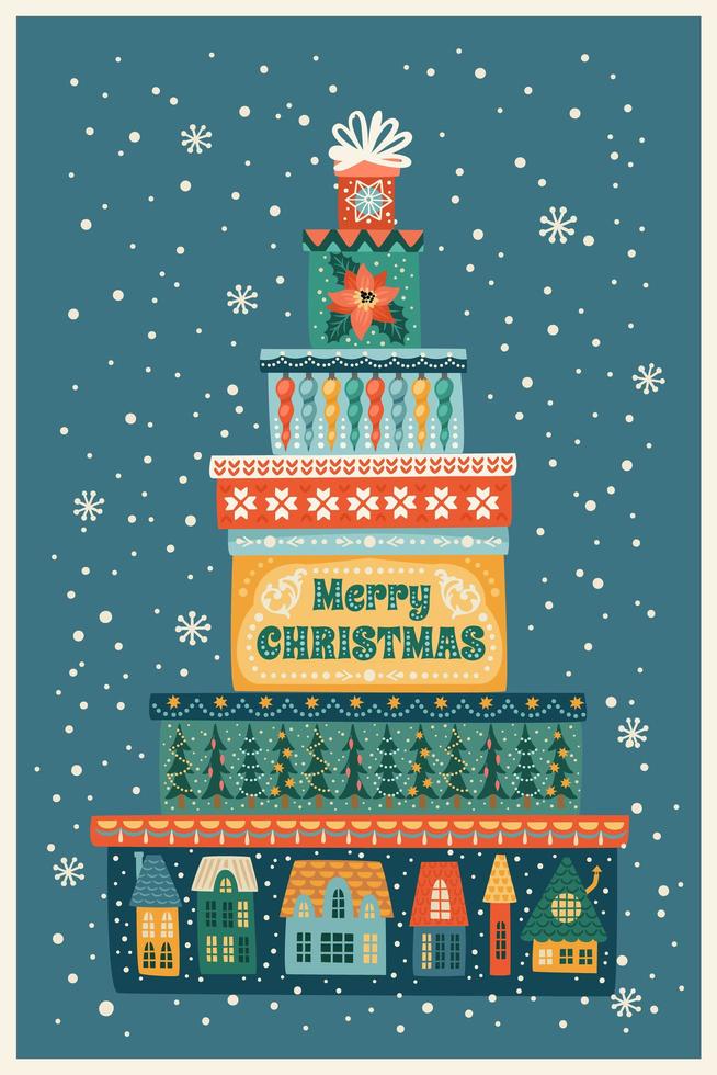 Christmas and Happy New Year illustration with gift boxes. Vector design template.