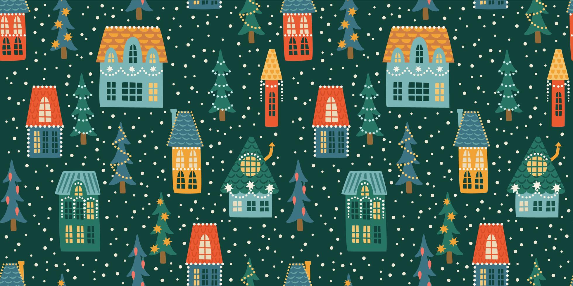 Christmas and Happy New Year seamless pattern. City, houses, Christmas trees, snow. New Year symbols. vector