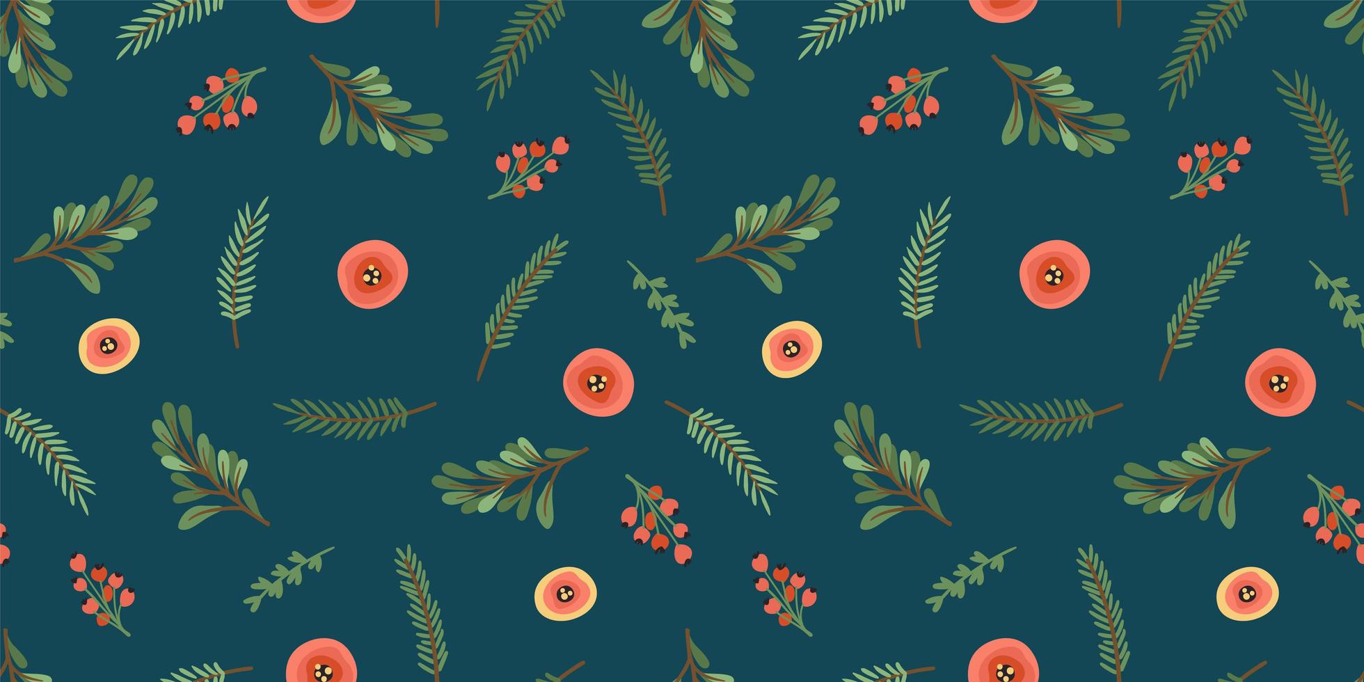 Christmas and Happy New Year seamless pattern. Christmas tree, flowers, berries. New Year symbols. vector