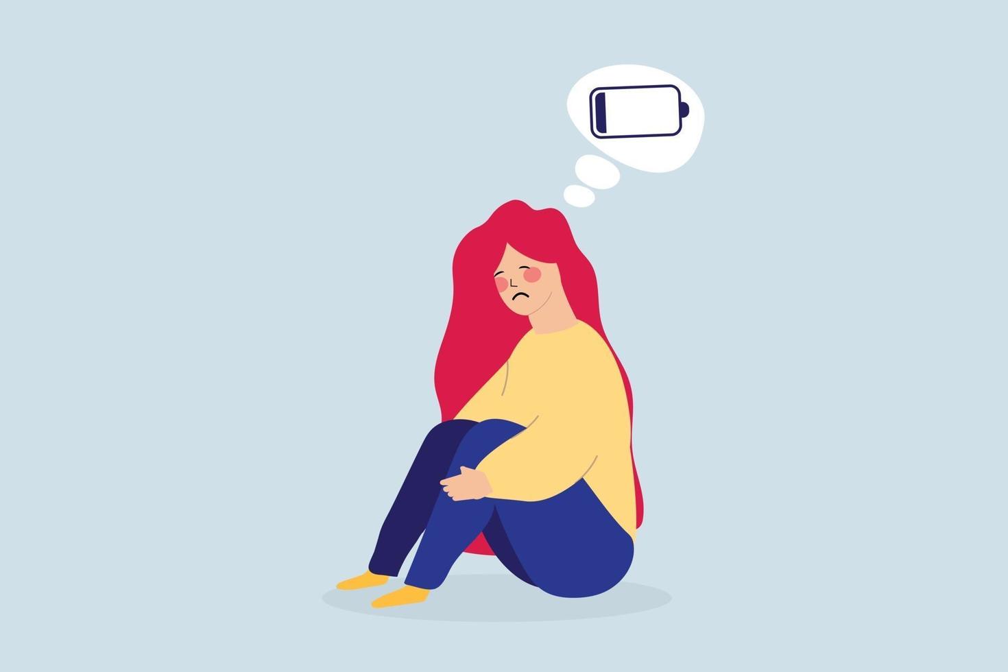 Situación del personaje femenino cansado mientras abraza sus rodillas. mujer con batería de poca carga. diseño plano mujer fatigada con trastorno mental. concepto de vector de agotamiento emocional.