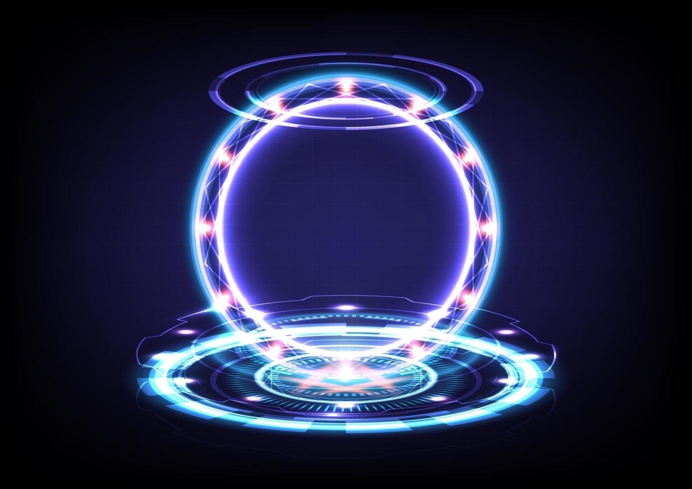 Abstract background. Portal and hologram science futuristic. Sci-fi digital hi-tech in glowing HUD circut. Magic gate in game fantasy. Circle teleport podium. GUI and UI interface. VR and MR projector vector