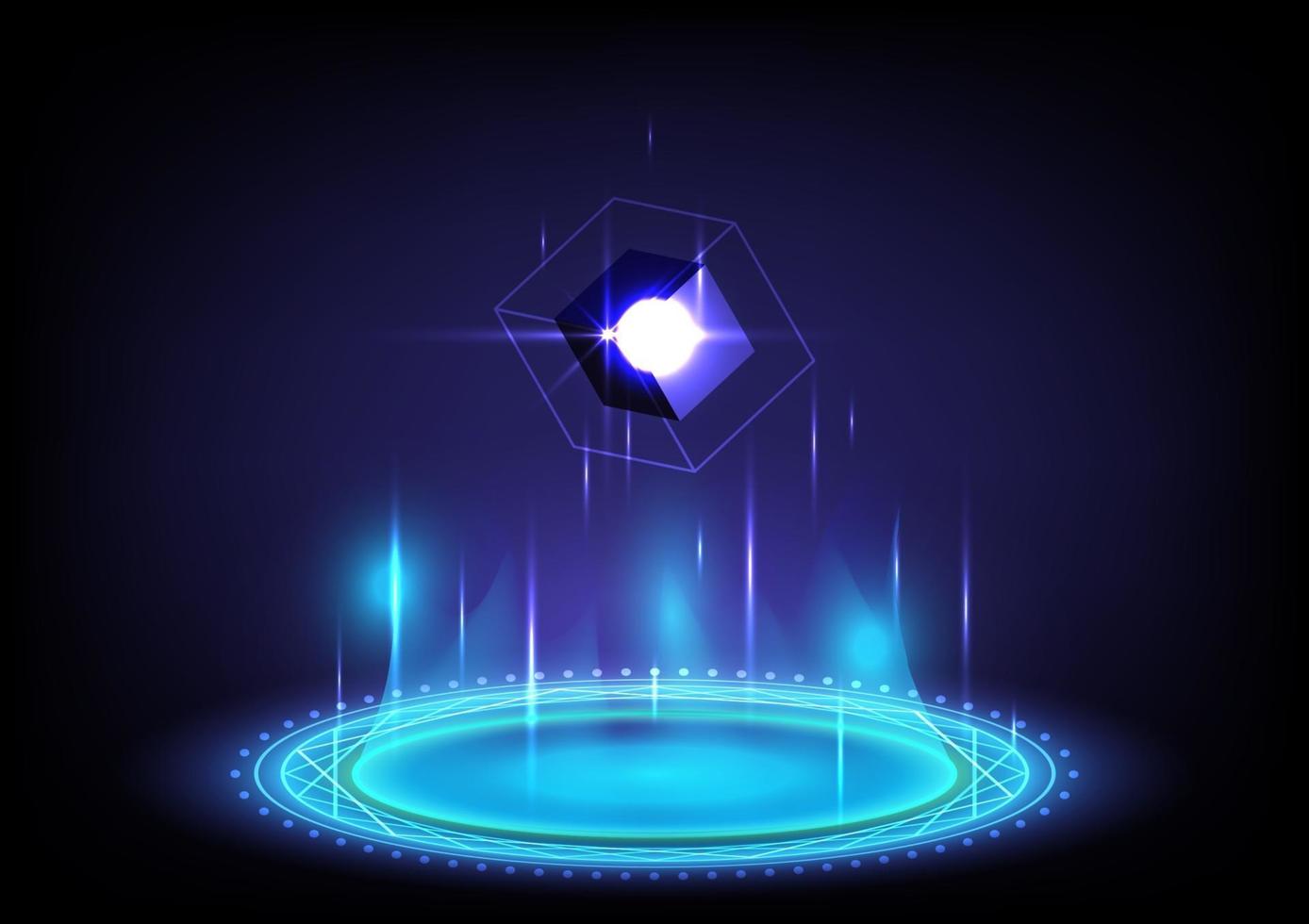 3D cube. Abstract background. Portal and hologram science futuristic. Sci-fi digital hi-tech in glowing HUD with halo. Magic gate in game fantasy. Circle teleport podium. GUI and UI virtual reality vector