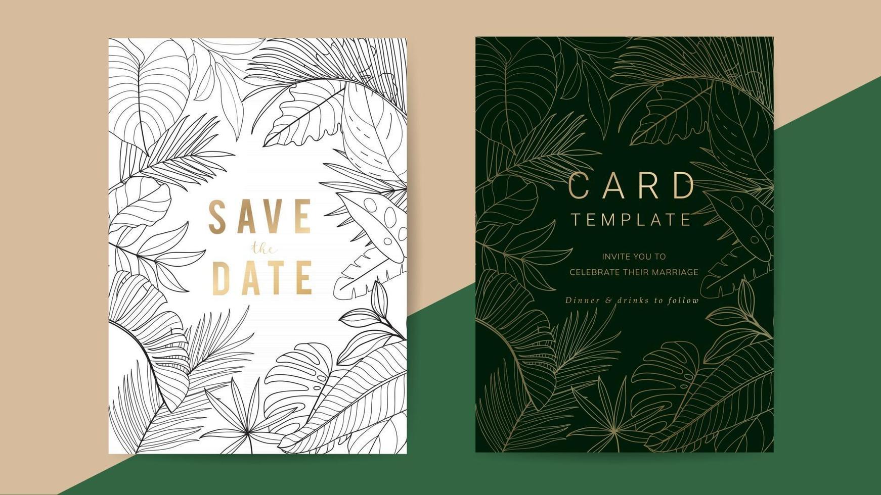 Colección de vectores de diseño de tarjeta de invitación de boda de oro tropical. Diseño estacionario para banner vip, impresión y fondo de portada.