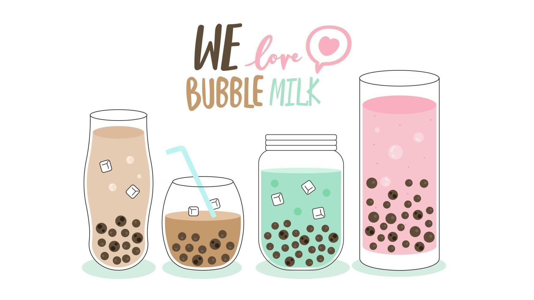 colección de diseño de té con leche de burbujas, té con leche perla, té con leche boba, deliciosas bebidas, cafés con banner estilo doodle, ilustración vectorial. vector