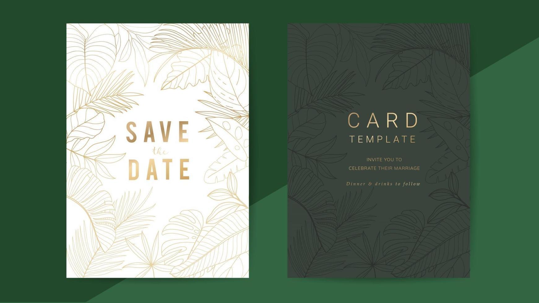 Colección de vectores de diseño de tarjeta de invitación de boda de oro tropical. Diseño estacionario para banner vip, impresión y fondo de portada.