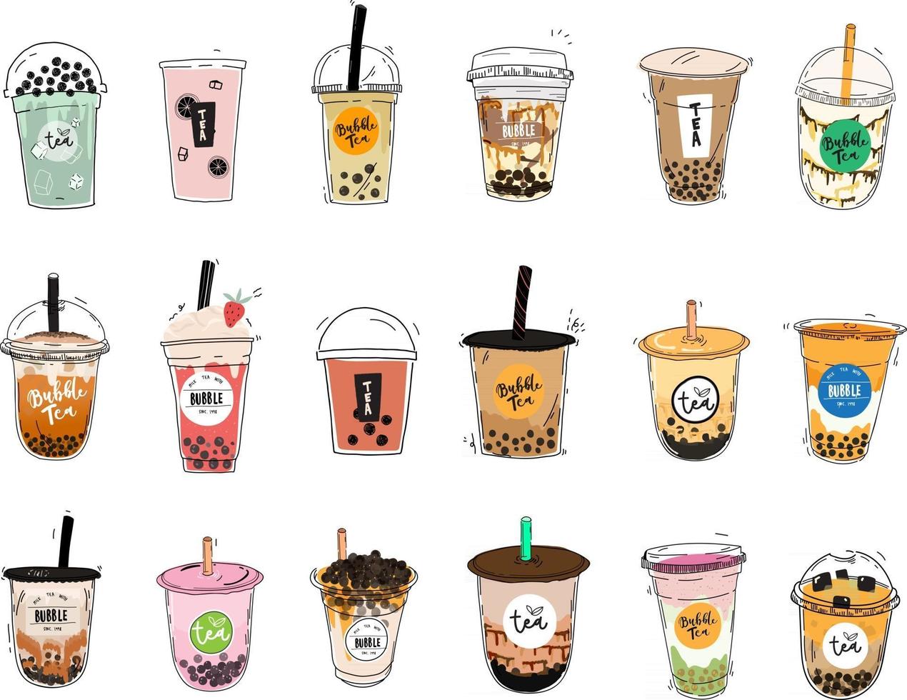 colección de diseño de té con leche de burbujas, té con leche perla, té con leche boba, deliciosas bebidas, cafés con banner estilo doodle, ilustración vectorial. vector