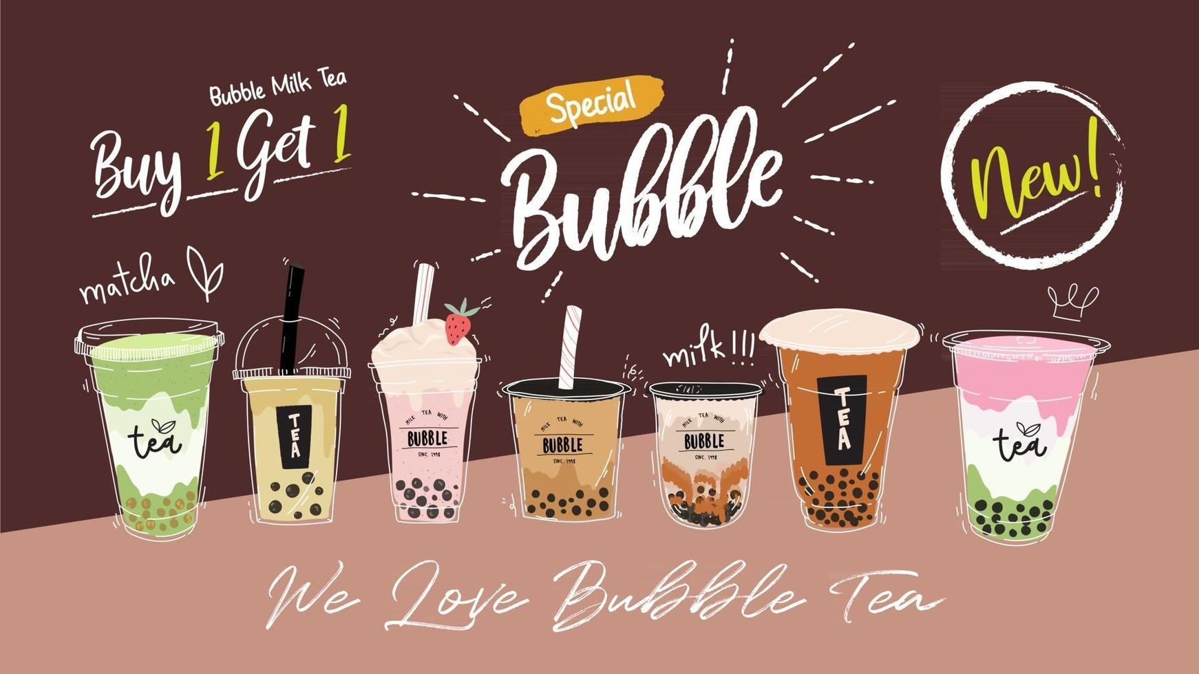 colección de diseño de té con leche de burbujas, té con leche perla, té con leche boba, deliciosas bebidas, cafés con banner estilo doodle, ilustración vectorial. vector