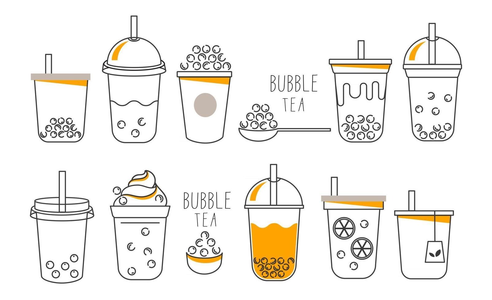 icono de té con leche, té con leche de perlas, té con leche de taiwán, deliciosas bebidas, cafés y refrescos con el conjunto de iconos de estilo doodle. - vector