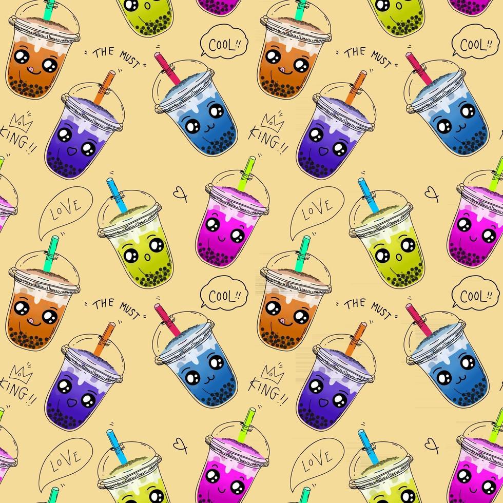 Bubble tea,Pearl milk tea ,coffees and soft drinks with doodle style seamless pattern background vector. vector