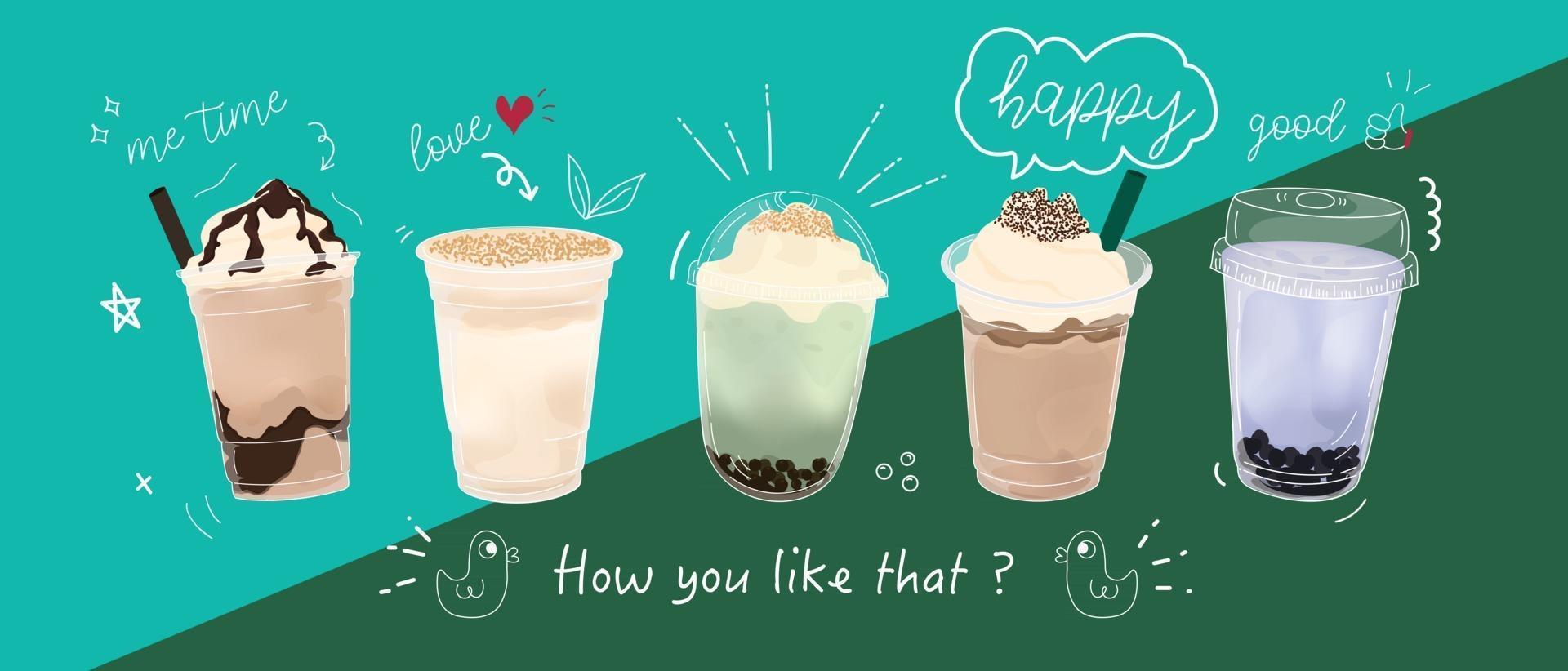 Bubble milk tea Special Promotions design, Boba milk tea, Pearl milk tea , Yummy drinks, coffees and soft drinks with logo and cute funny doodle style advertisement banner. Vector illustration.