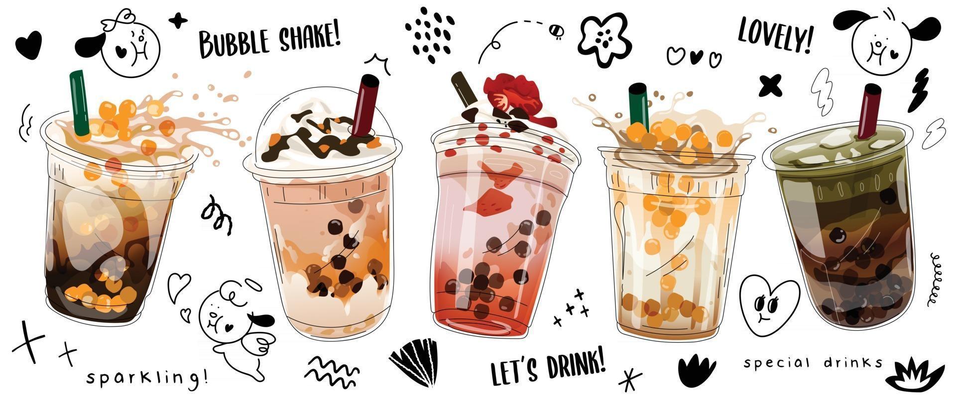 diseño de promociones especiales de bubble milk tea, boba milk tea, pearl milk tea, deliciosas bebidas, cafés y refrescos con logo y un lindo y divertido banner publicitario estilo doodle. ilustración vectorial. vector