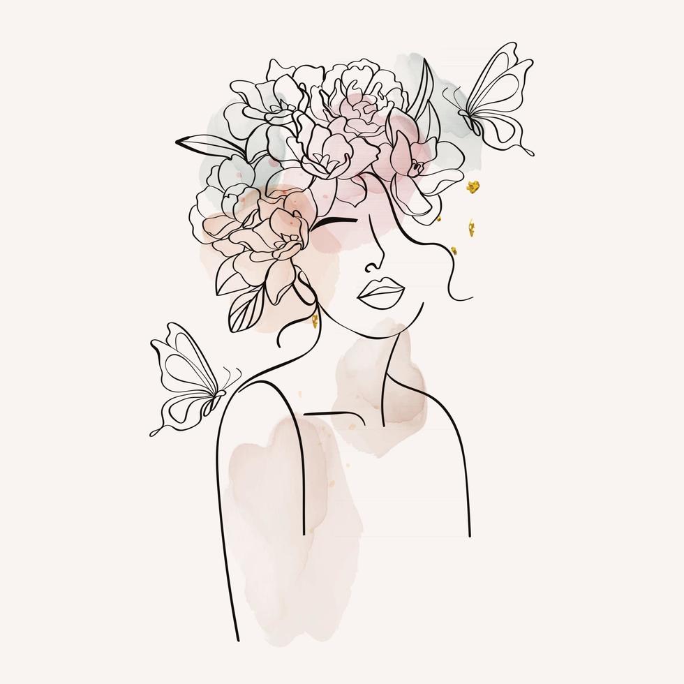 Women and flowers line art. Girl with flowers and leaves one line vector drawing. Portrait continuous line art drawing for prints, tattoos, cosmetics, fashion, Beauty salon and wall home decoration.