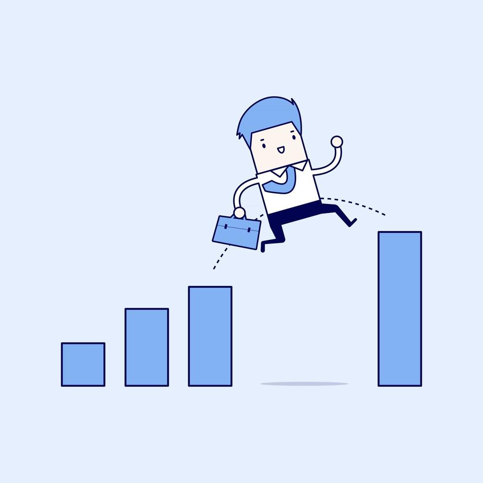 Businessman jump through the gap in growth chart. Cartoon character thin line style vector. vector