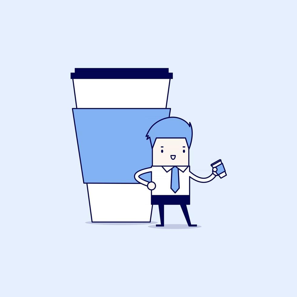 Businessman has coffee break. Cartoon character thin line style vector. vector