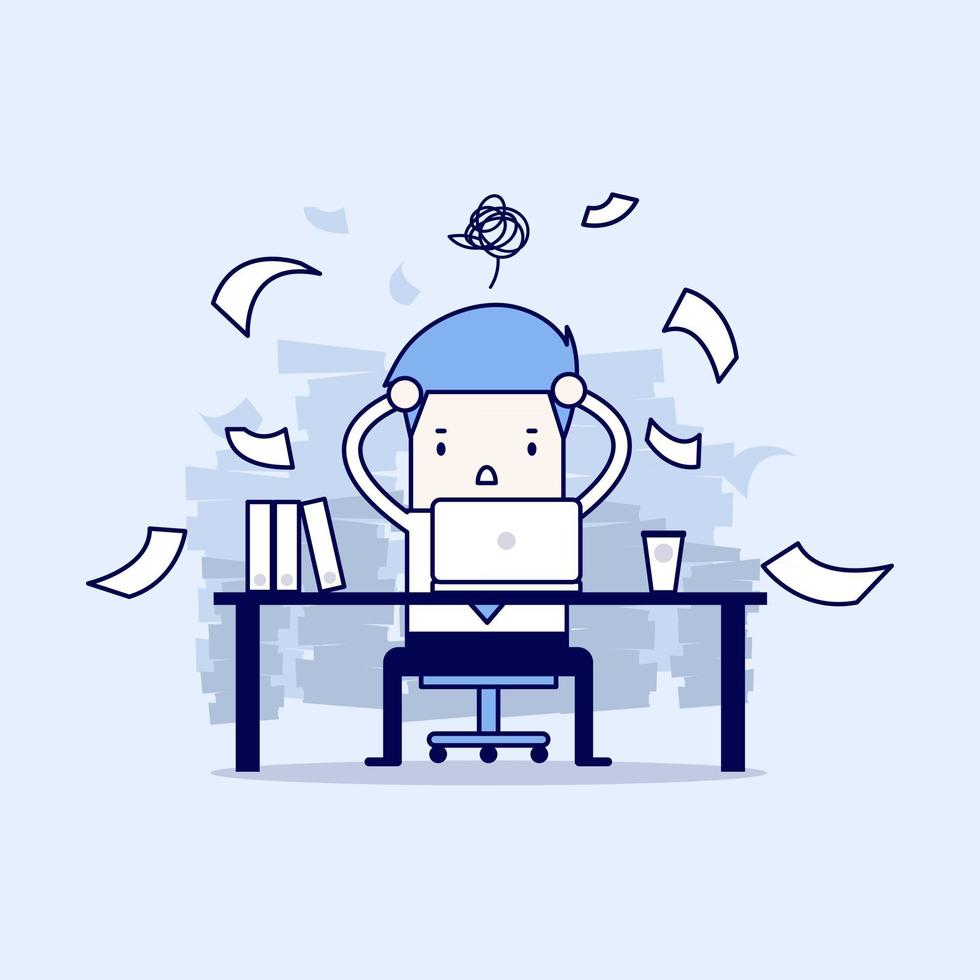 Busy time of businessman in hard working. A lot of work. Stress at work. Cartoon character thin line style vector. vector